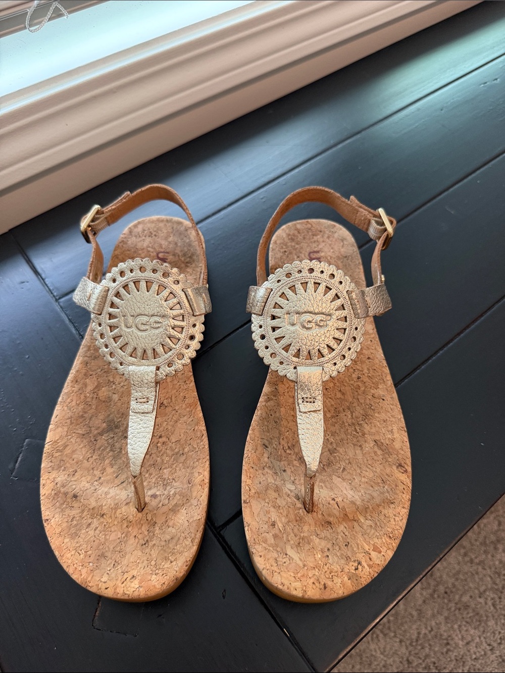 UGG Metallic Gold Cork Thong Sandals with Decorative Medallions